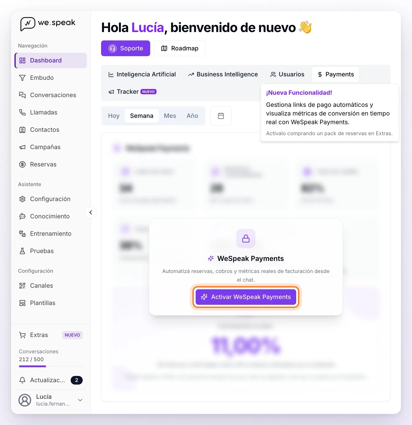 La sección Payments sin WeSpeak Payments: los datos de ejemplo difuminados, el aviso de la pestaña que dice que se activa comprando un pack de reservas en Extras y el botón Activar WeSpeak Payments señalado