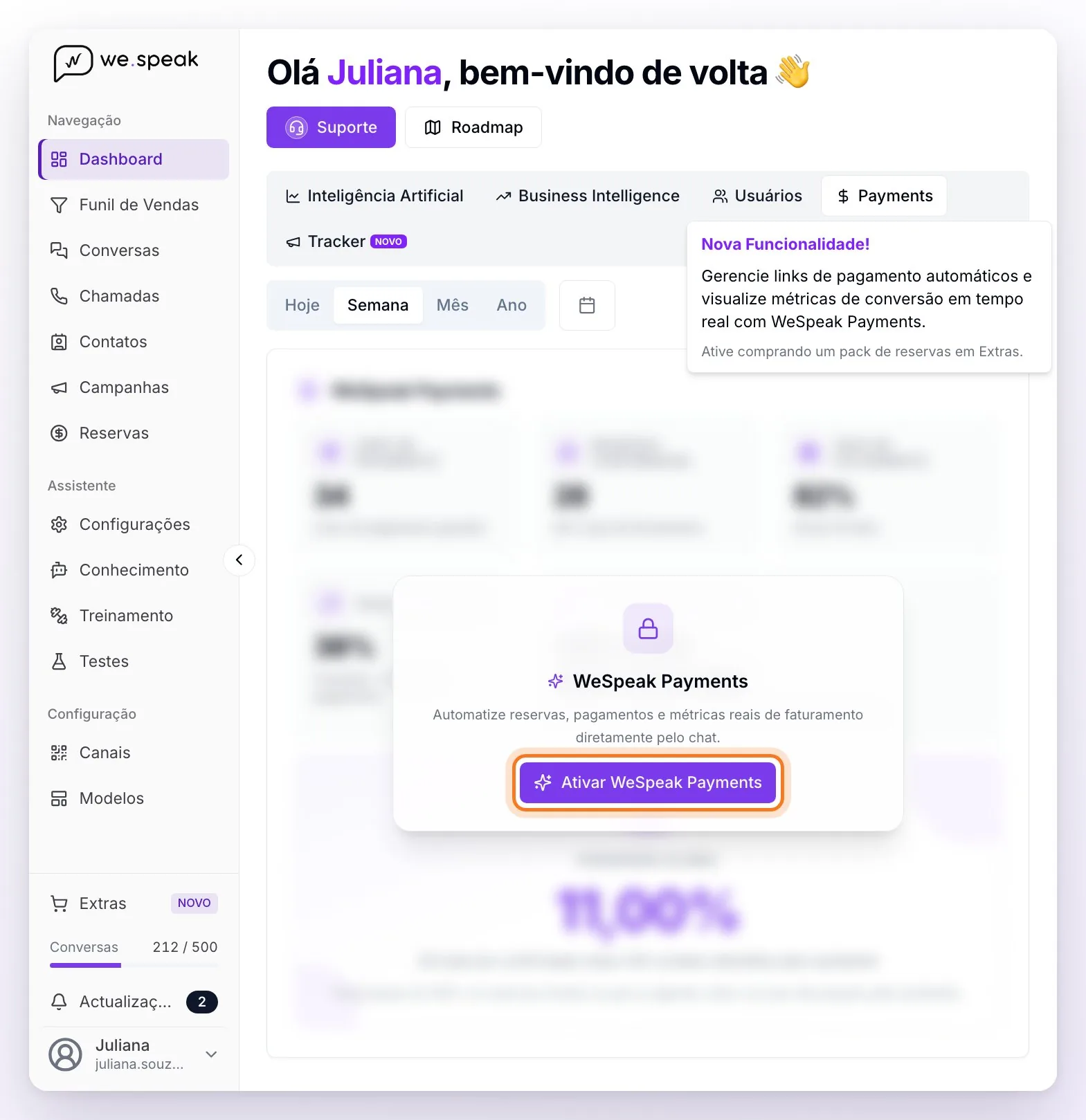 A seção Payments sem o WeSpeak Payments: os dados de exemplo desfocados, o aviso da aba que diz que ele é ativado comprando um pack de reservas em Extras e o botão Ativar WeSpeak Payments destacado