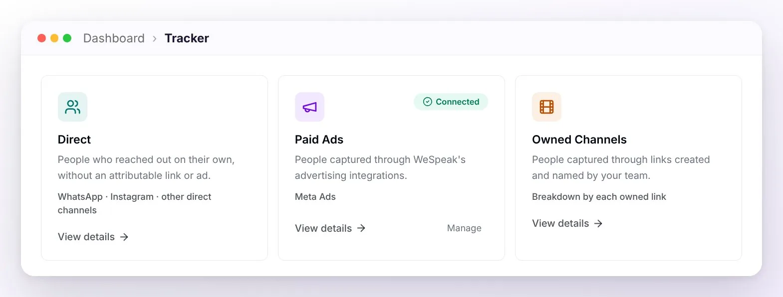 The three WeSpeak Tracker sources as cards: Direct, Paid Ads (with Meta Ads connected), and Owned Channels, each with its description and View details