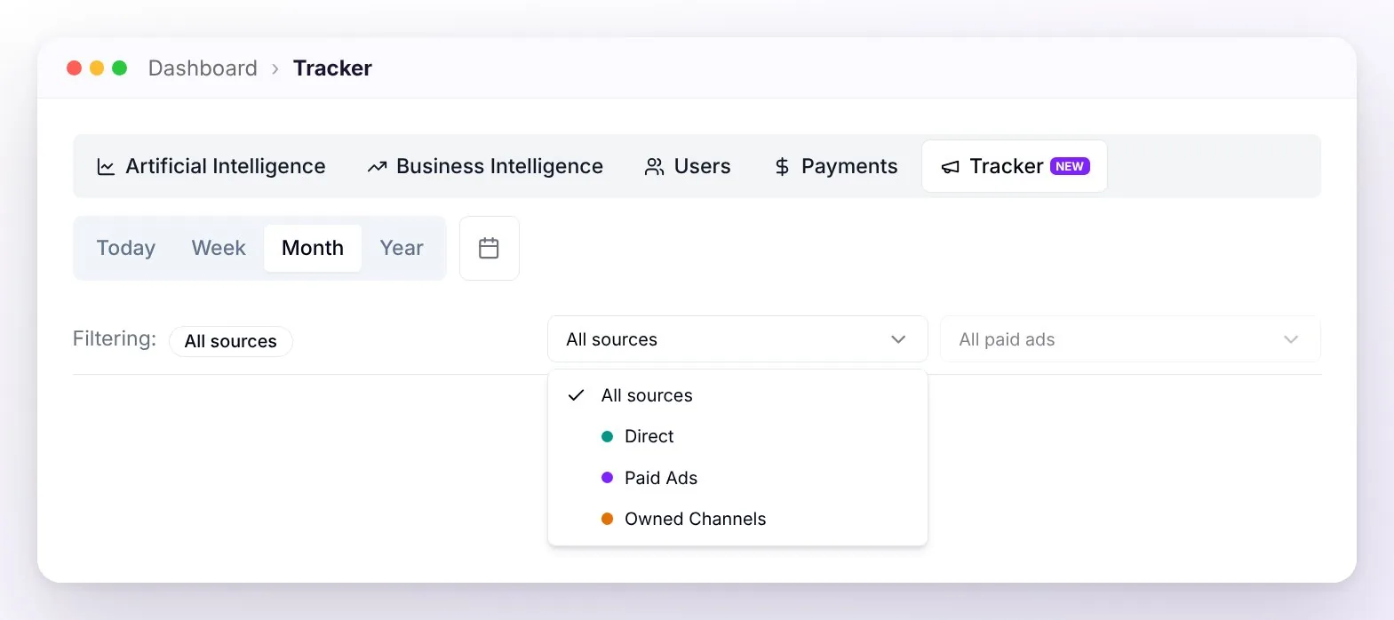 The top of WeSpeak Tracker: the Dashboard tabs, the period selector, and the Filtering bar with the source dropdown open: All sources, Direct, Paid Ads, and Owned Channels