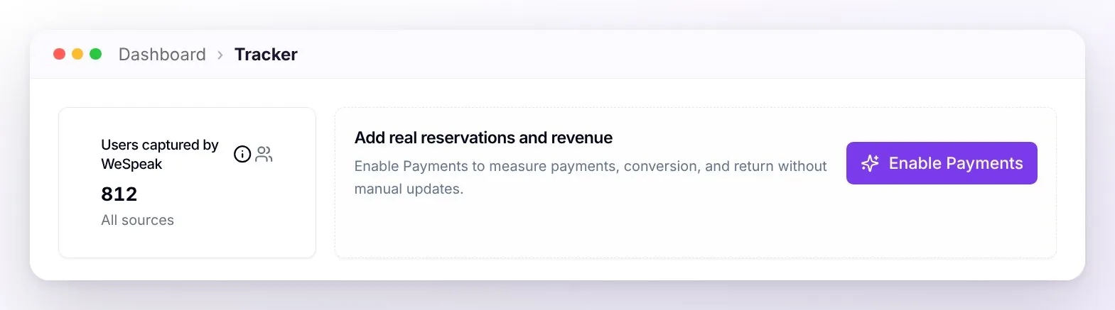 Without WeSpeak Payments or Pixel bookings: the Users captured by WeSpeak card and, next to it, the Add real reservations and revenue invitation with the Enable Payments button