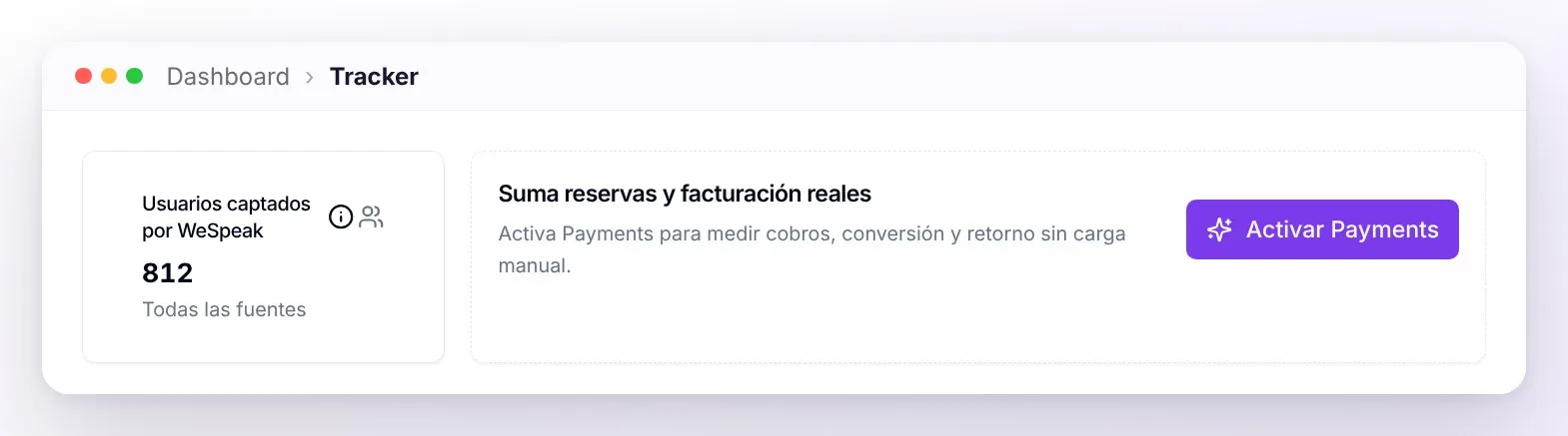 Sin WeSpeak Payments ni reservas del Pixel: la tarjeta Usuarios captados por WeSpeak y, al lado, la invitación Suma reservas y facturación reales con el botón Activar Payments