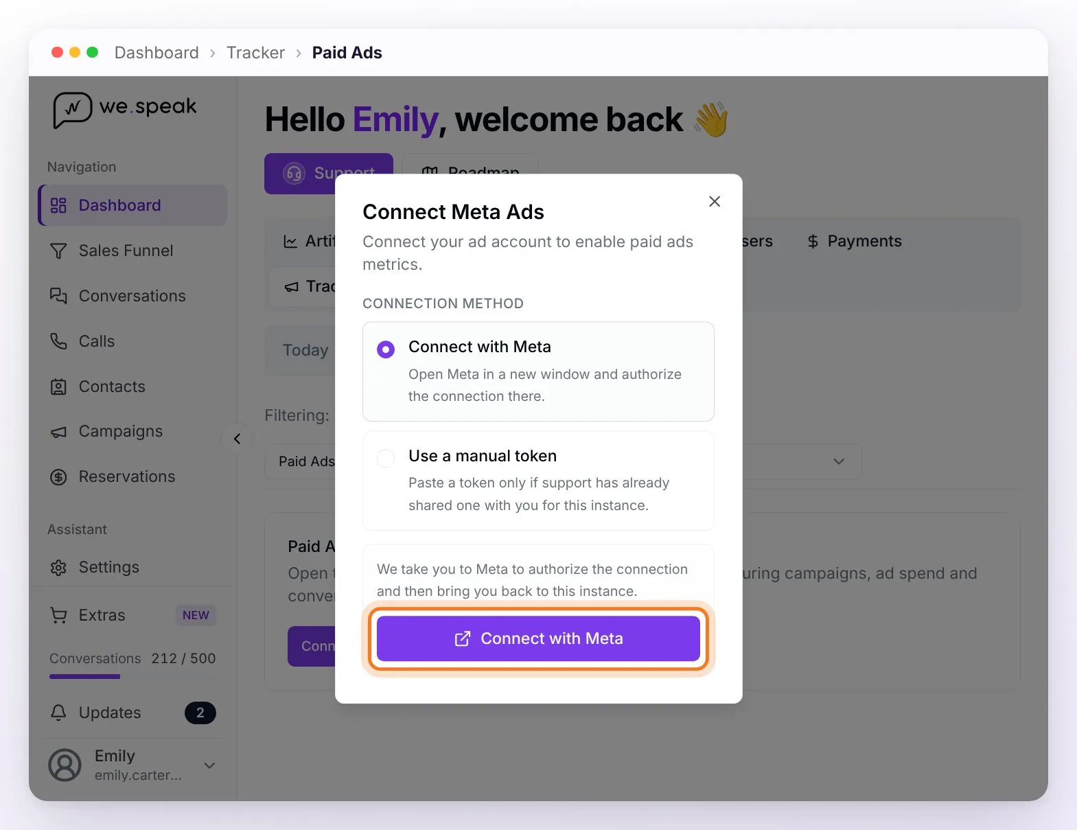 The Paid Ads view not yet connected and the Connect Meta Ads dialog, with the Connect with Meta method selected and its button highlighted