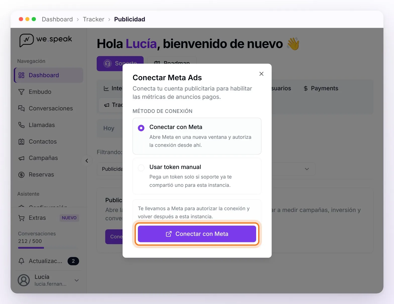 La vista Publicidad sin conectar y el diálogo Conectar Meta Ads, con el método Conectar con Meta elegido y su botón señalado