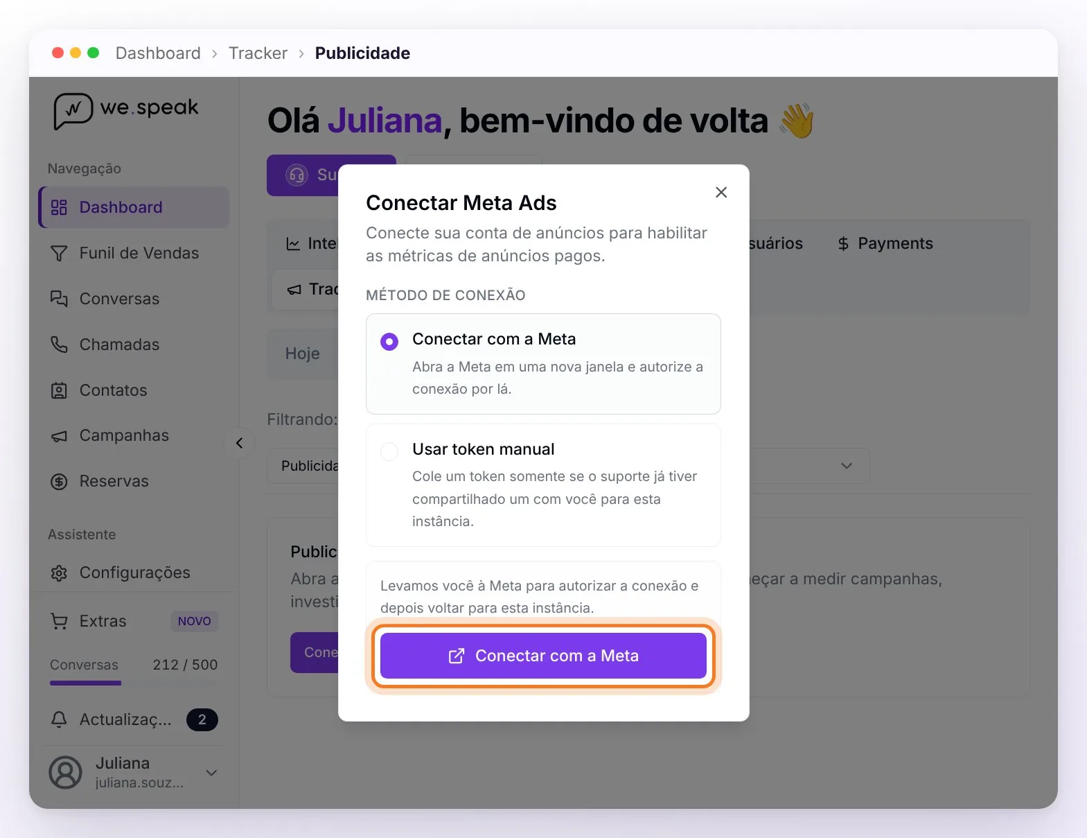 A visualização Publicidade sem conexão e a janela Conectar Meta Ads, com o método Conectar com a Meta escolhido e o seu botão destacado