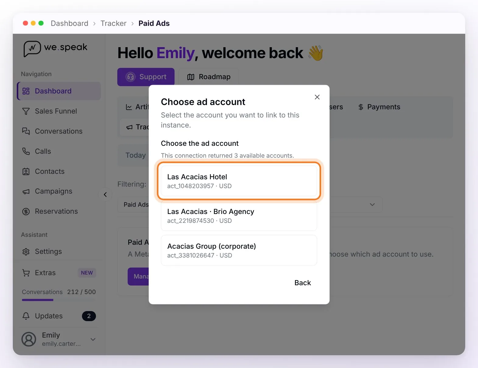 Back from Meta, the Choose ad account dialog with the three available accounts, each with its number and currency, and the hotel's account highlighted