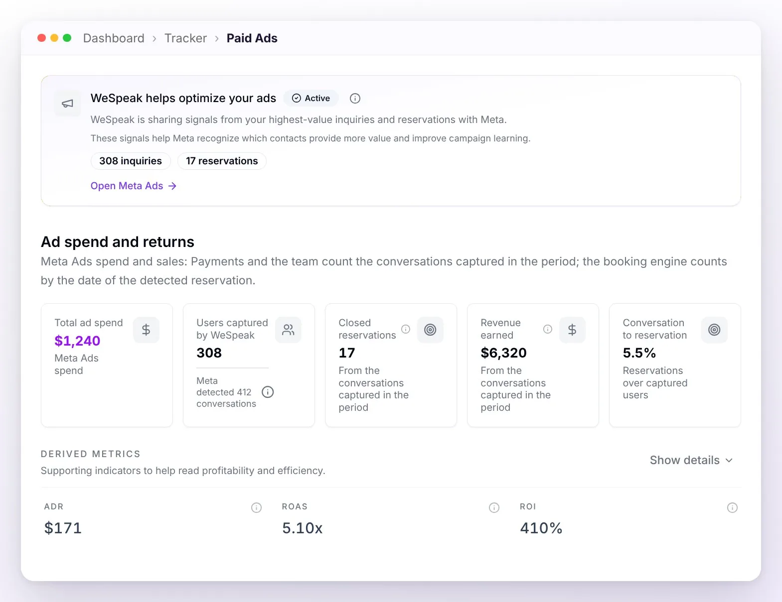 The connected Paid Ads view: the WeSpeak helps optimize your ads card in Active state, with the inquiries and reservations shared, and below it Ad spend and returns with ADR, ROAS, and ROI