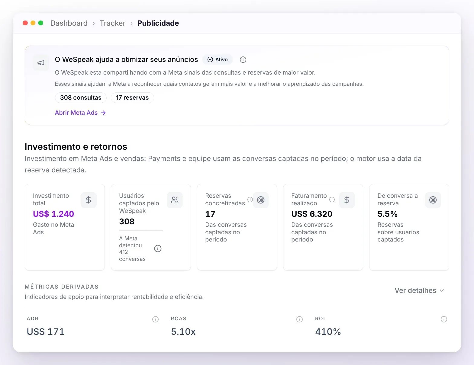 A visualização Publicidade conectada: o cartão O WeSpeak ajuda a otimizar seus anúncios no estado Ativo, com as consultas e reservas compartilhadas, e abaixo Investimento e retornos com ADR, ROAS e ROI