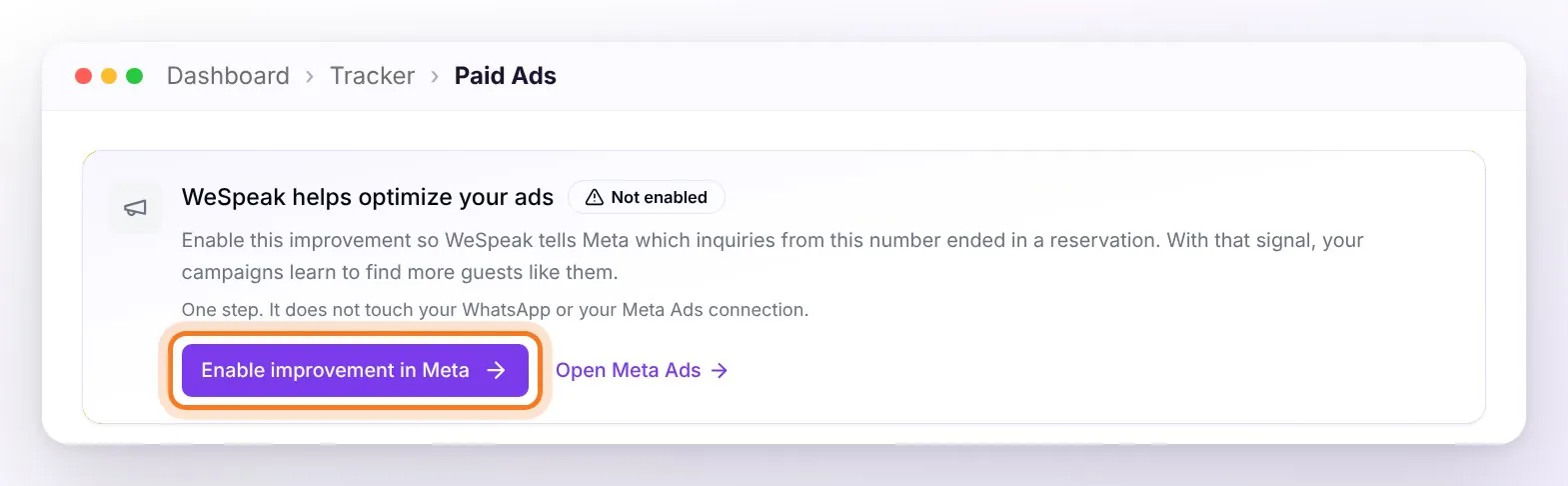 The WeSpeak helps optimize your ads card in Not enabled state, with the Enable improvement in Meta button highlighted