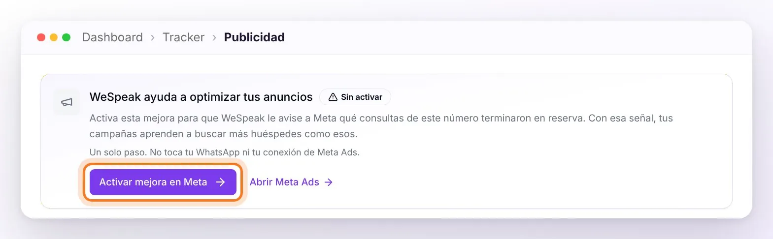 La tarjeta WeSpeak ayuda a optimizar tus anuncios en estado Sin activar, con el botón Activar mejora en Meta señalado