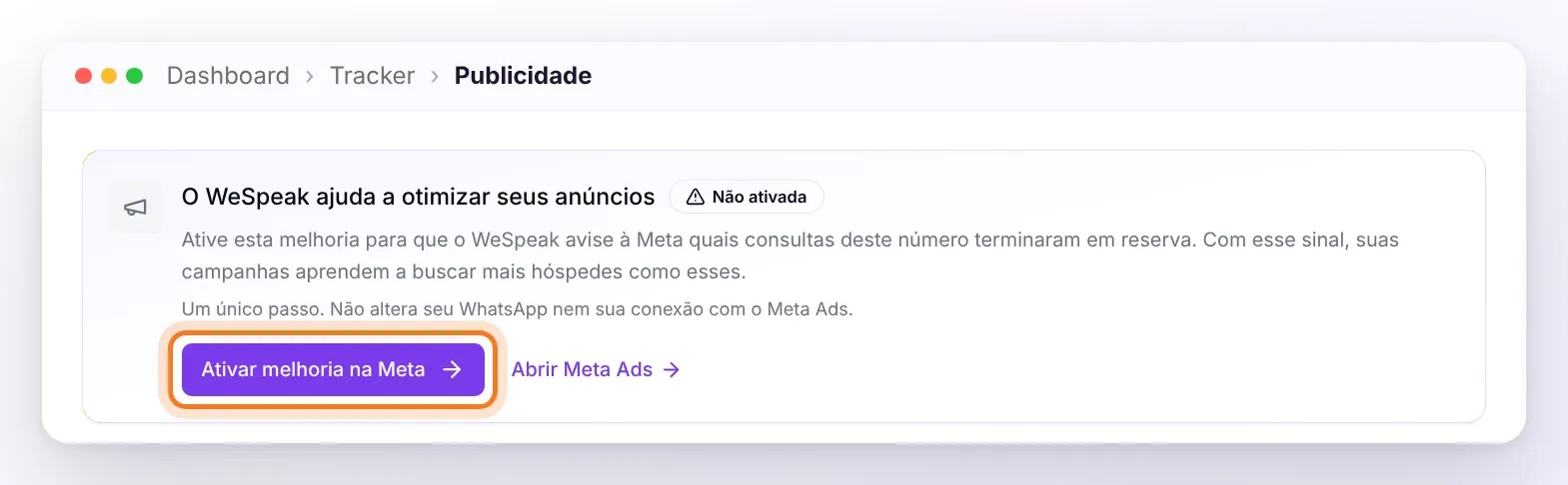 O cartão O WeSpeak ajuda a otimizar seus anúncios no estado Não ativada, com o botão Ativar melhoria na Meta destacado