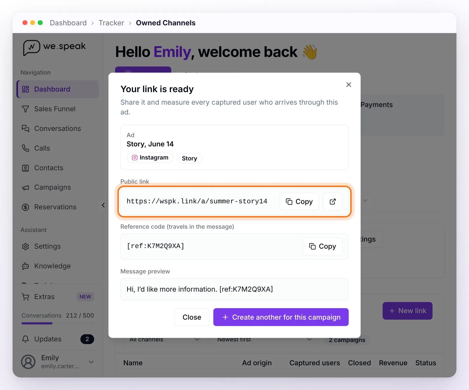 The Your link is ready dialog: the ad with its channel, the public link highlighted, the reference code, and the message preview