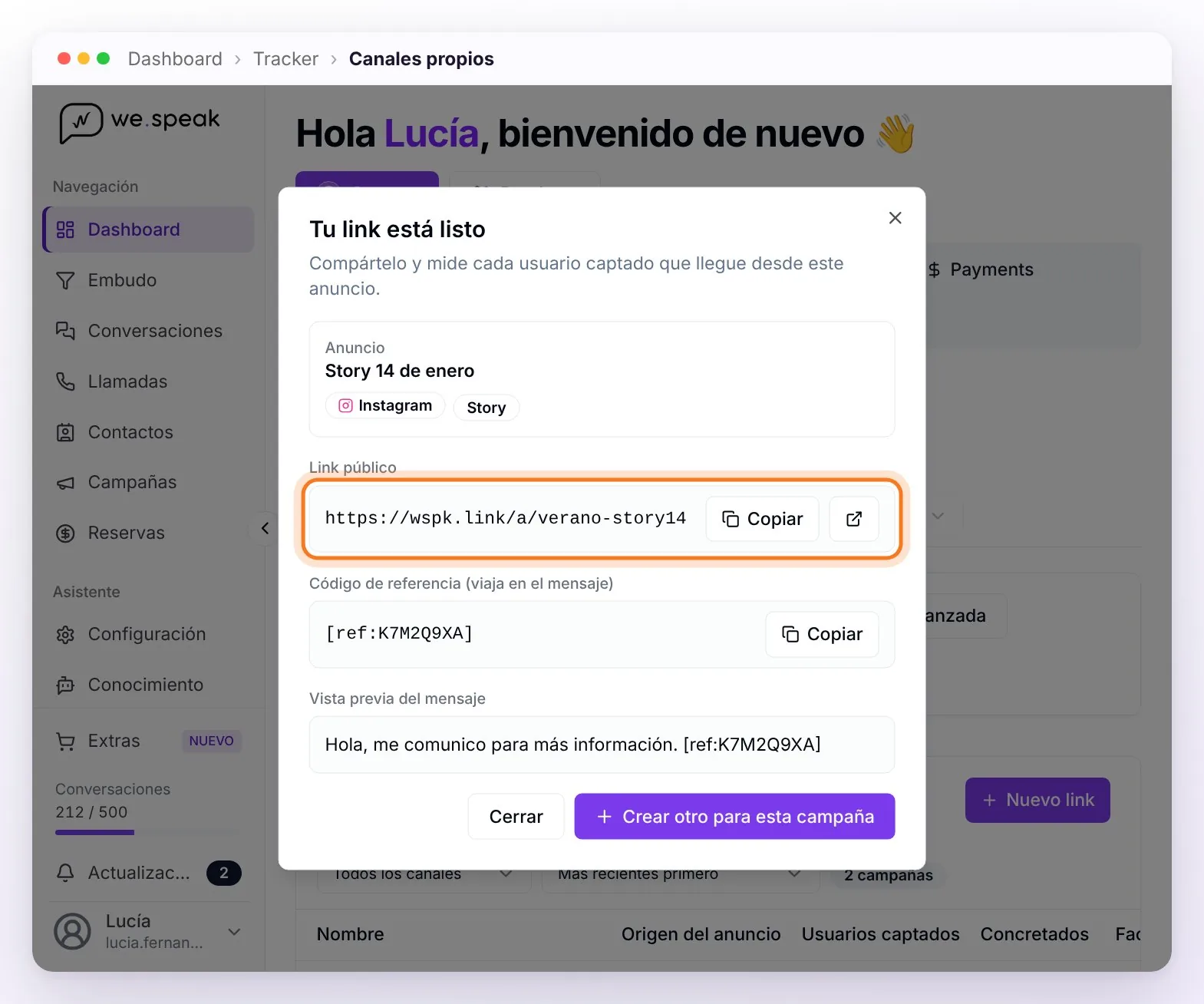 El diálogo Tu link está listo: el anuncio con su canal, el link público señalado, el código de referencia y la vista previa del mensaje