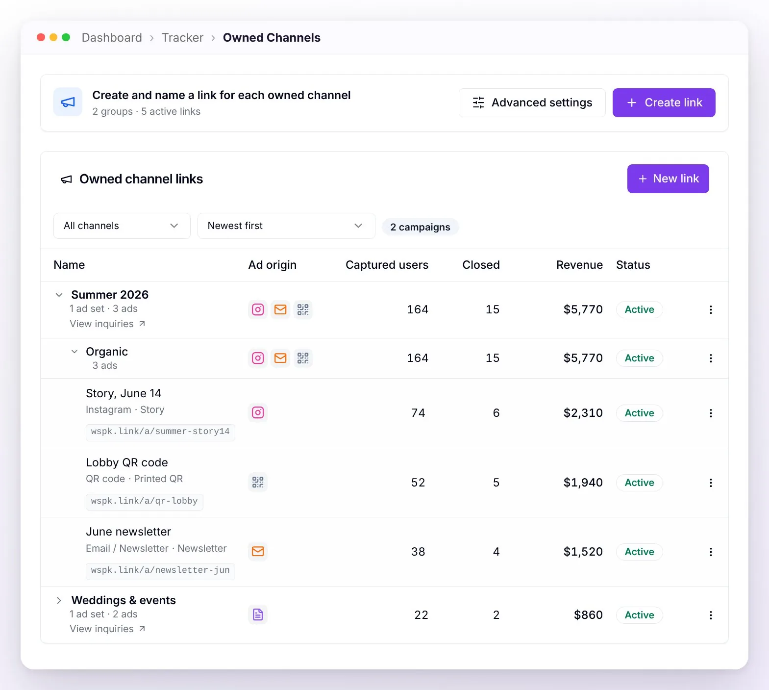 The Owned Channels view: the bar for creating links and the Owned channel links table, with one campaign expanded down to its ads and each ad's link