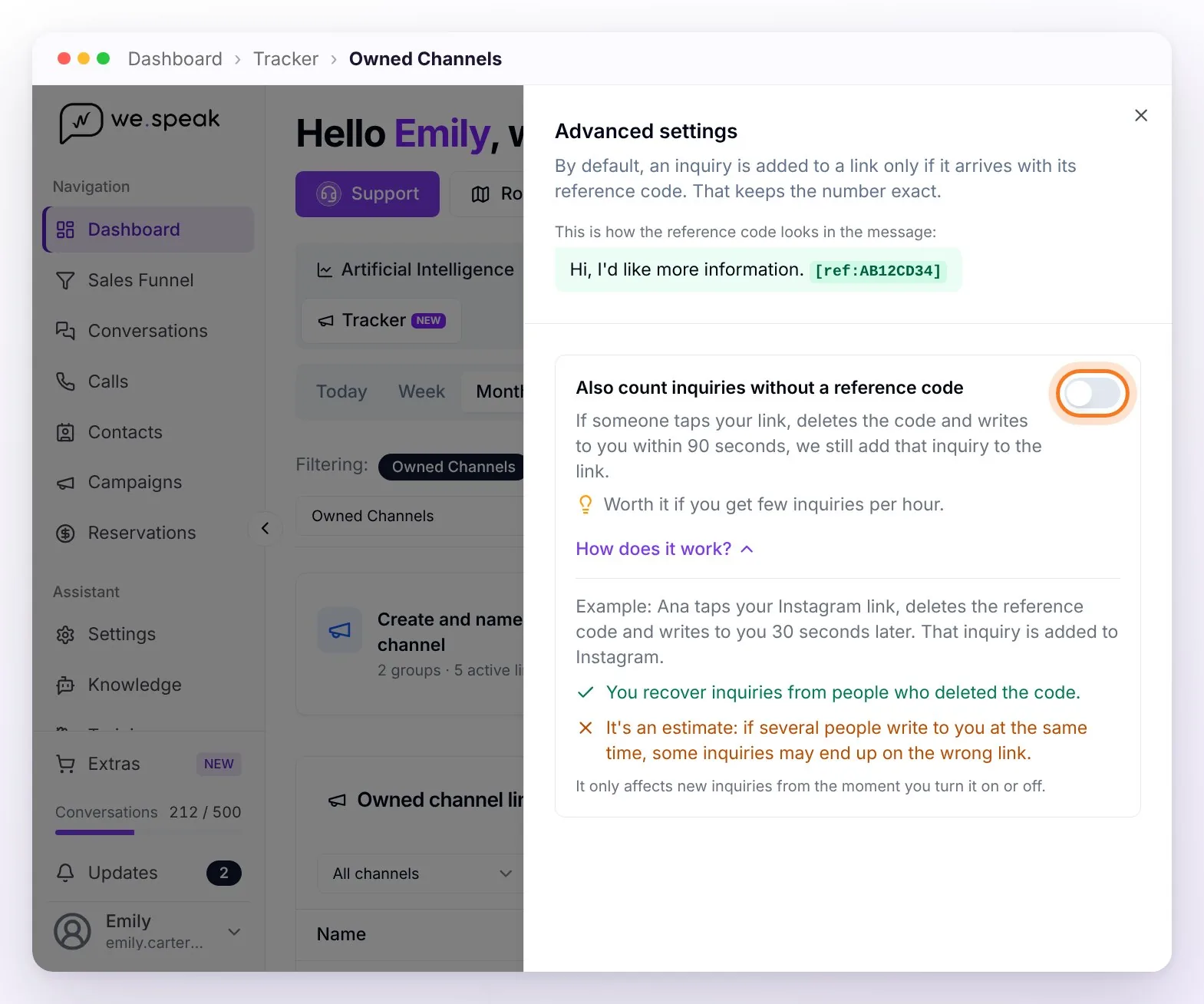 The Owned Channels Advanced settings panel, with the Also count inquiries without a reference code option turned off and its switch highlighted, and the How does it work? details