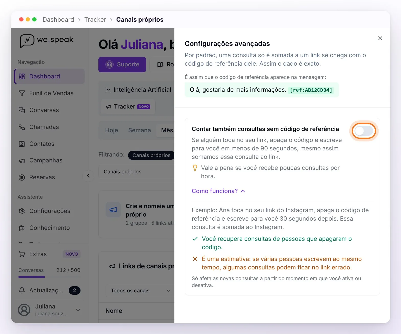 O painel Configurações avançadas de Canais próprios, com a opção Contar também consultas sem código de referência desativada e o seu interruptor destacado, e o detalhe de Como funciona?