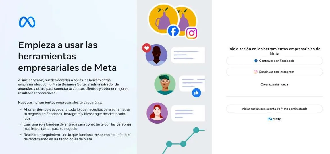 Meta's business tools welcome screen, with the Continue with Facebook option