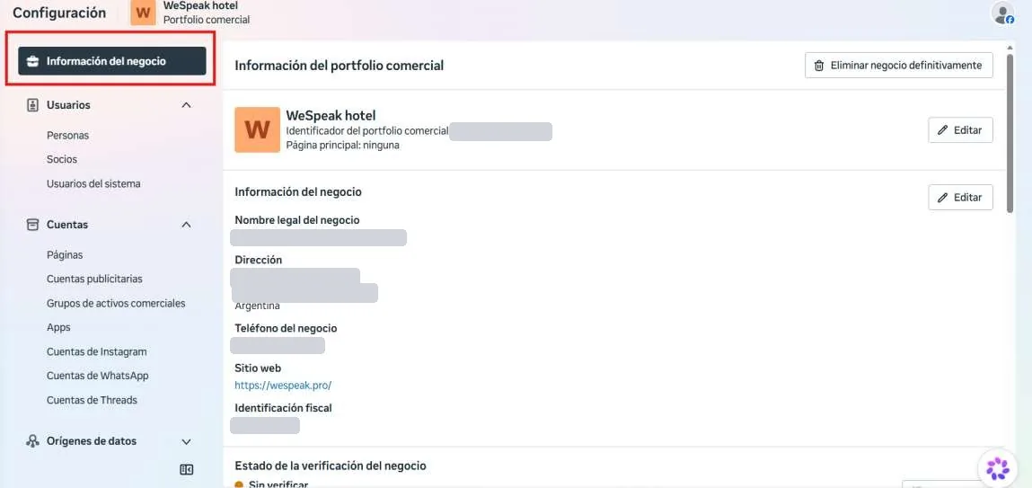 Meta's Settings with the Business info section highlighted in the side menu