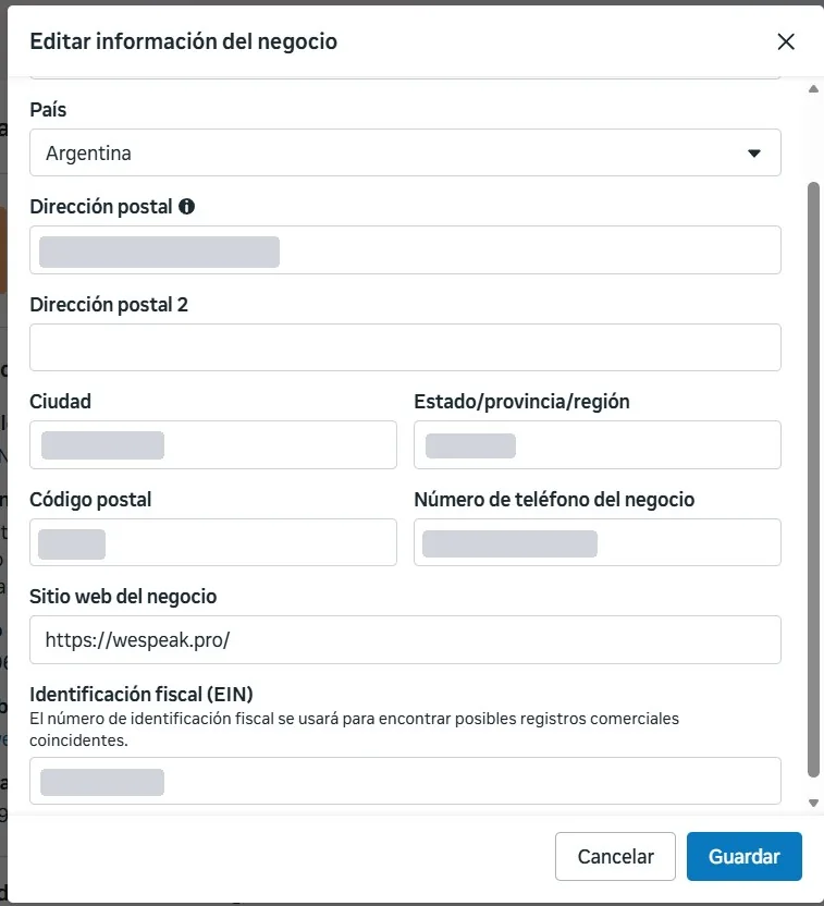 The Edit business info form: country, address, city, postal code, phone, website and tax ID