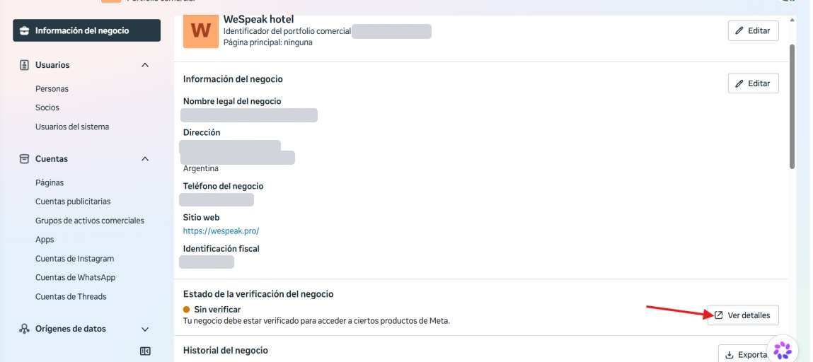 The Business verification status block, with the View details button pointed out