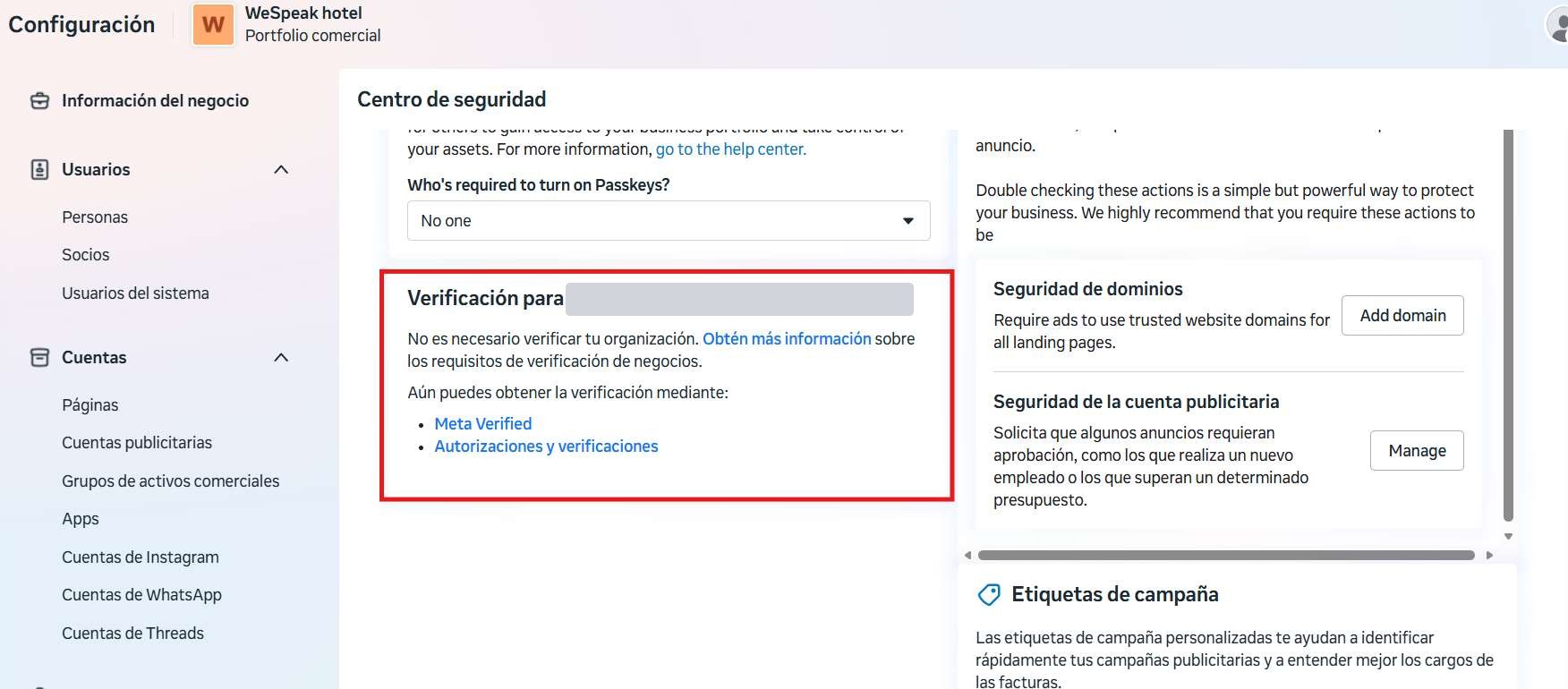 The Security Center stating that the organization does not need to be verified
