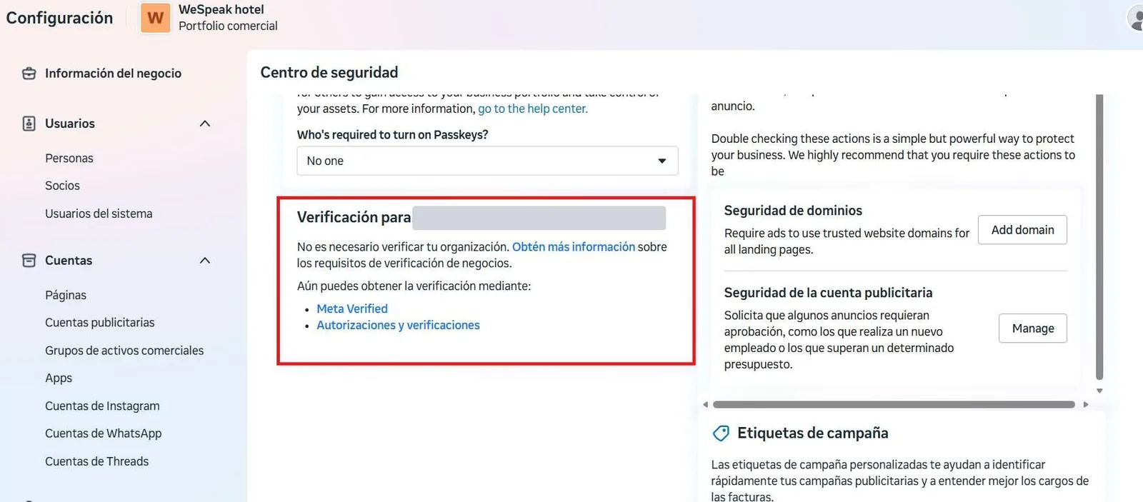 The Security Center stating that the organization does not need to be verified