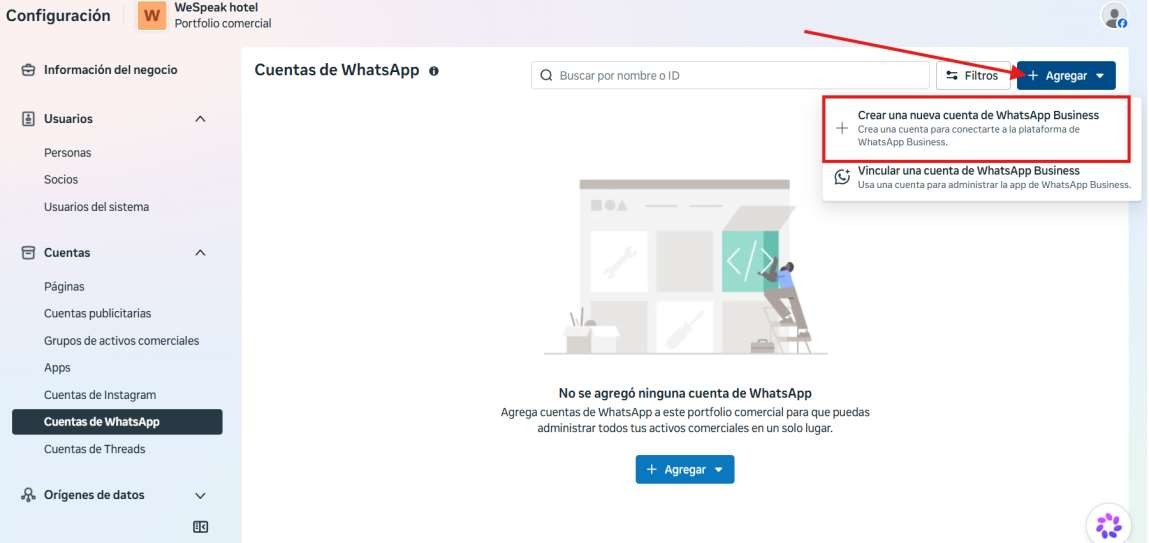 The Add button expanded with the Create a new WhatsApp Business account option