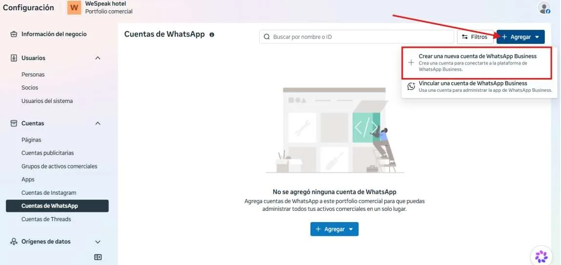 The Add button expanded with the Create a new WhatsApp Business account option