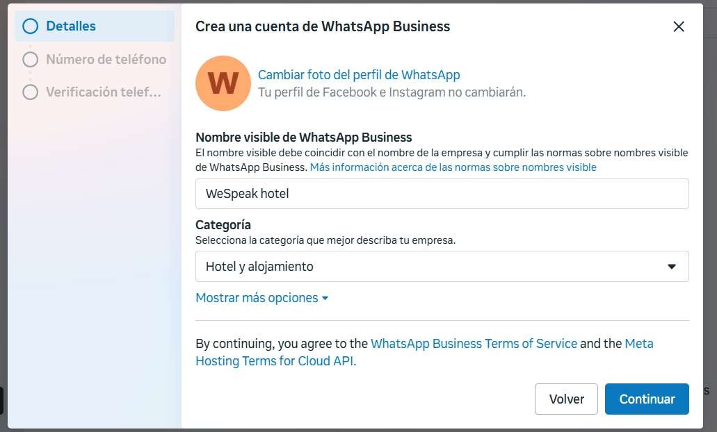 The Create a WhatsApp Business account form: display name and category