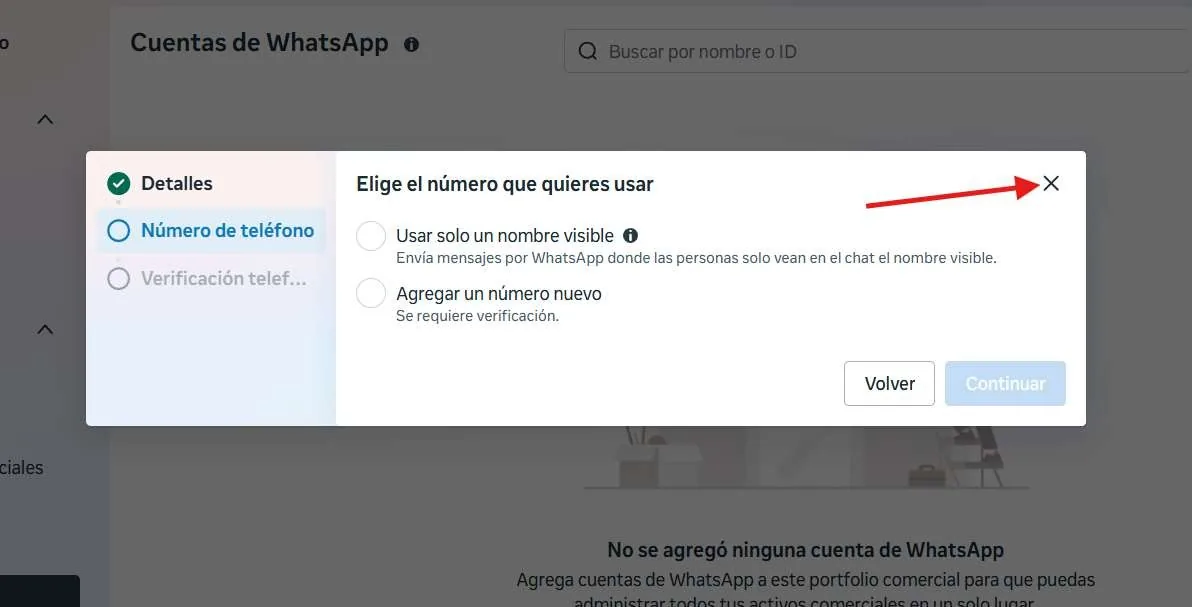 The Choose the number you want to use dialog, with the X to close it pointed out