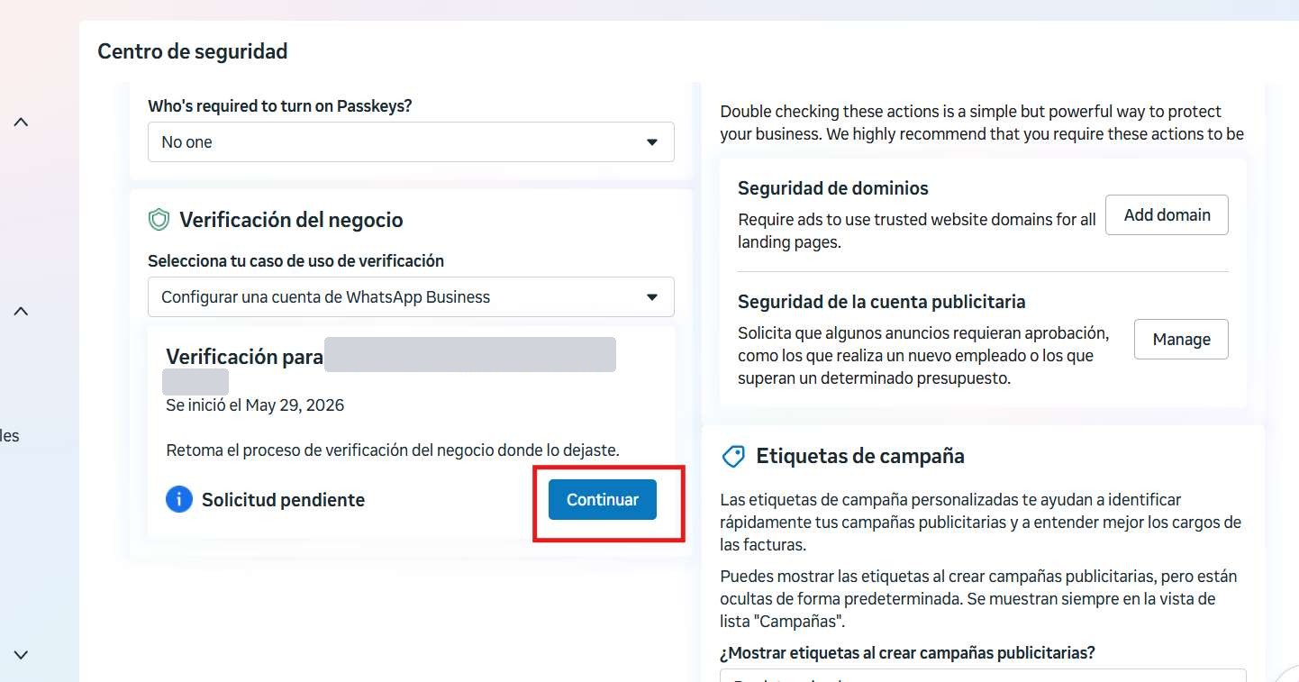 The Business verification section with the Continue button pointed out