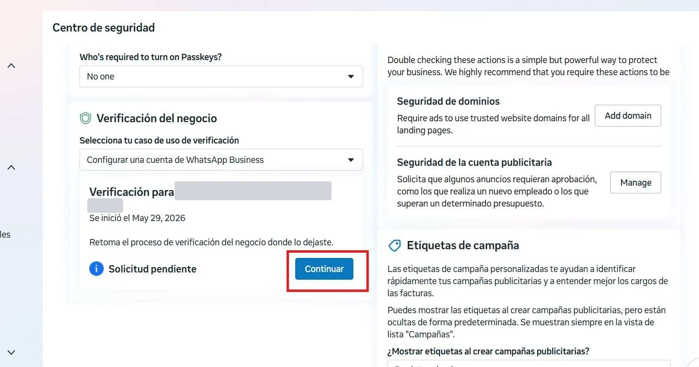 The Business verification section with the Continue button pointed out