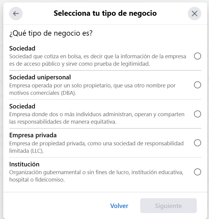 The Select your business type dialog, with the partnership, private company and institution options