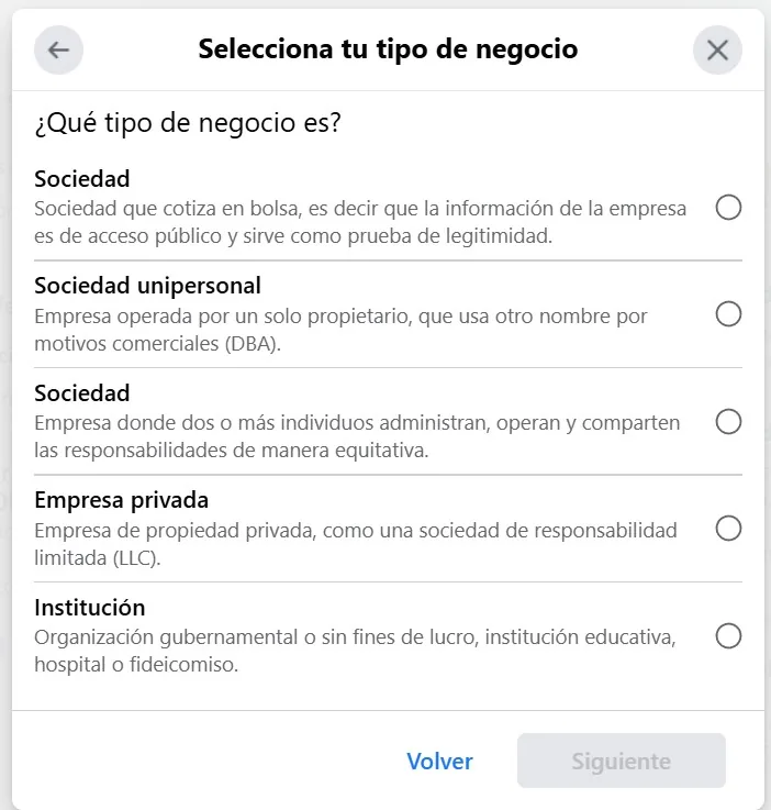 The Select your business type dialog, with the partnership, private company and institution options