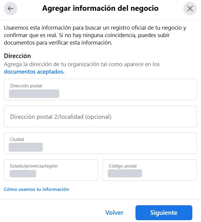 The Add business info dialog with the address fields