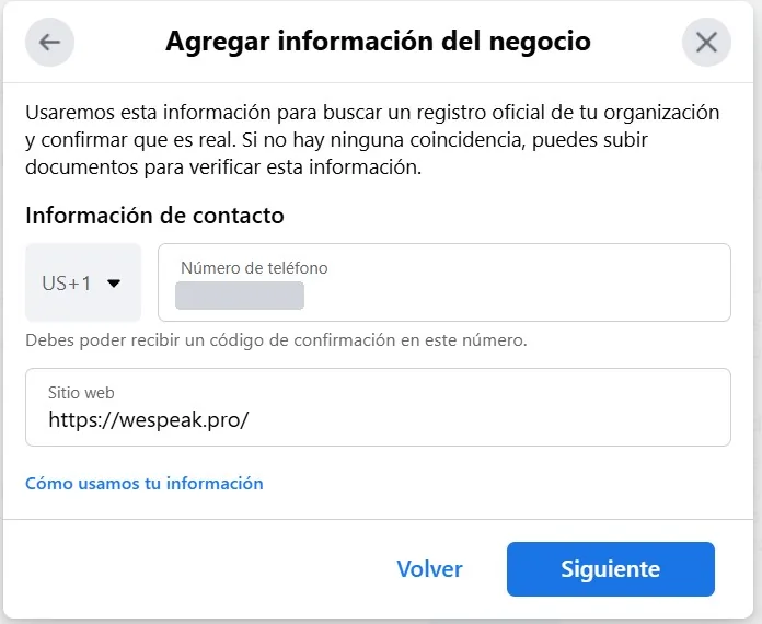 The contact information dialog: phone number and website