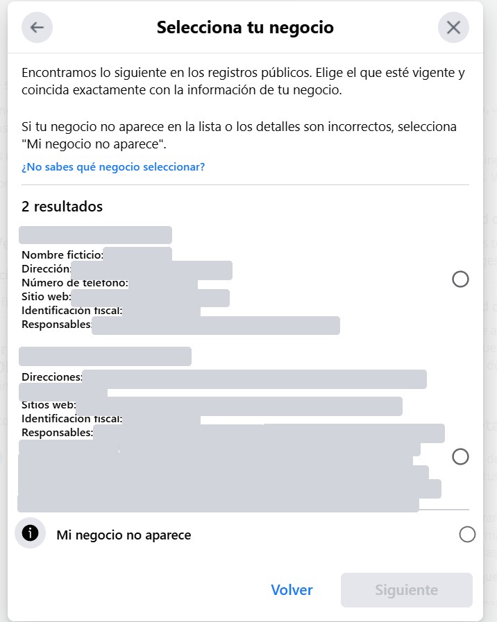 The Select your business dialog with the results found in public records