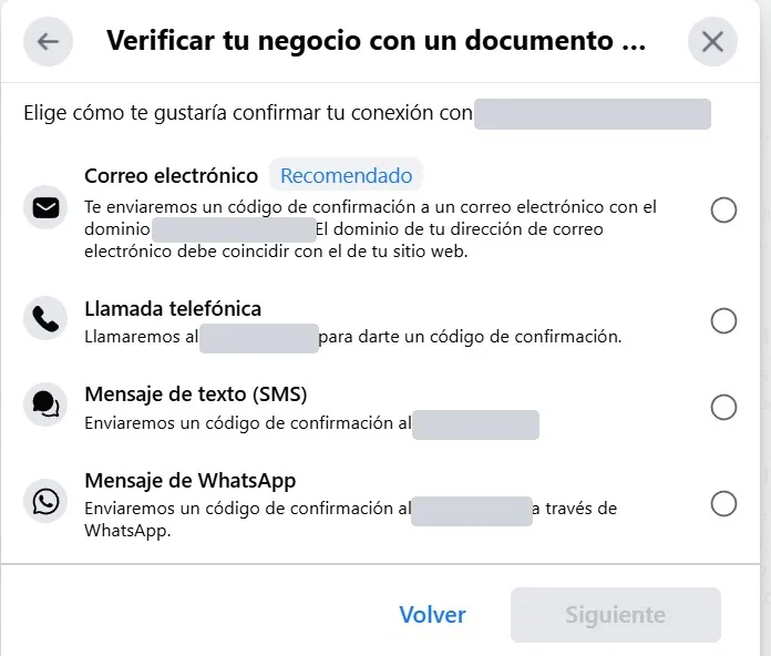The dialog to choose how to confirm the connection: email, phone call, SMS or WhatsApp