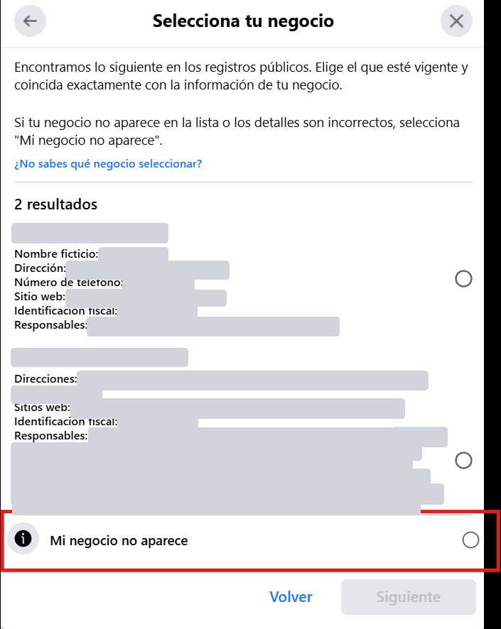 The Select your business dialog with the My business isn't listed option highlighted