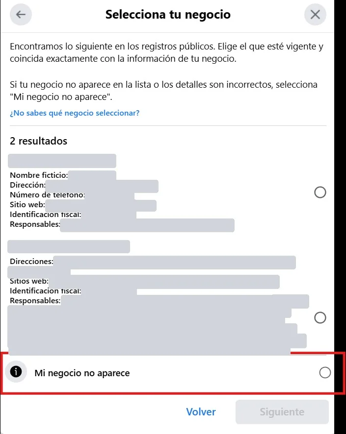 The Select your business dialog with the My business isn't listed option highlighted