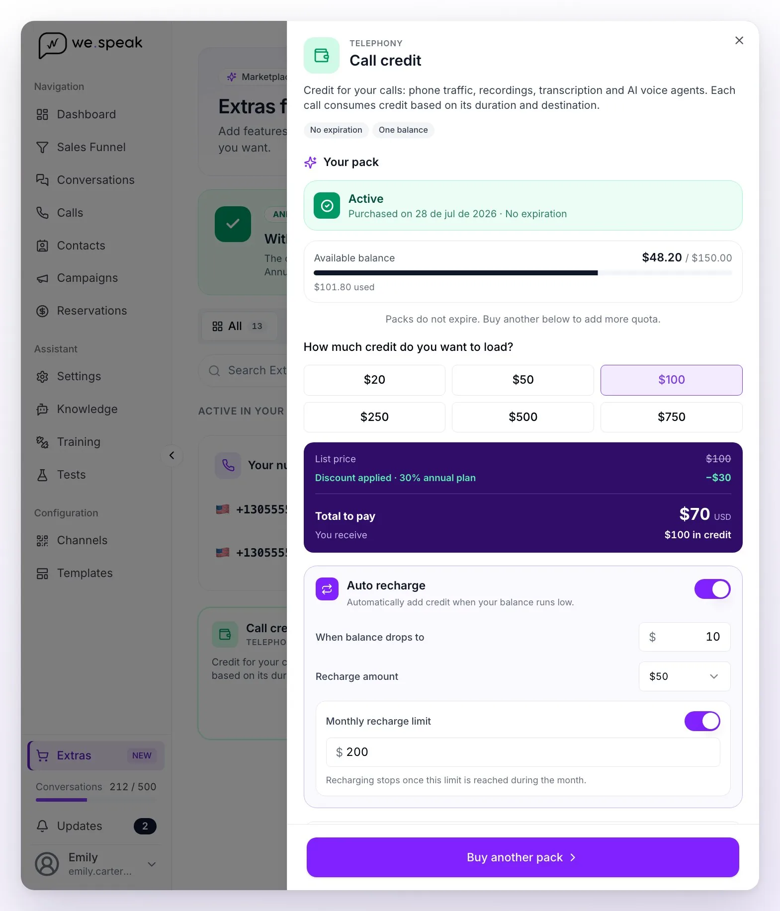 The Extras page with the Call credit panel open: available balance, amounts from $20 to $750, the 30% annual-plan discount and automatic top-up with its threshold, amount and monthly limit