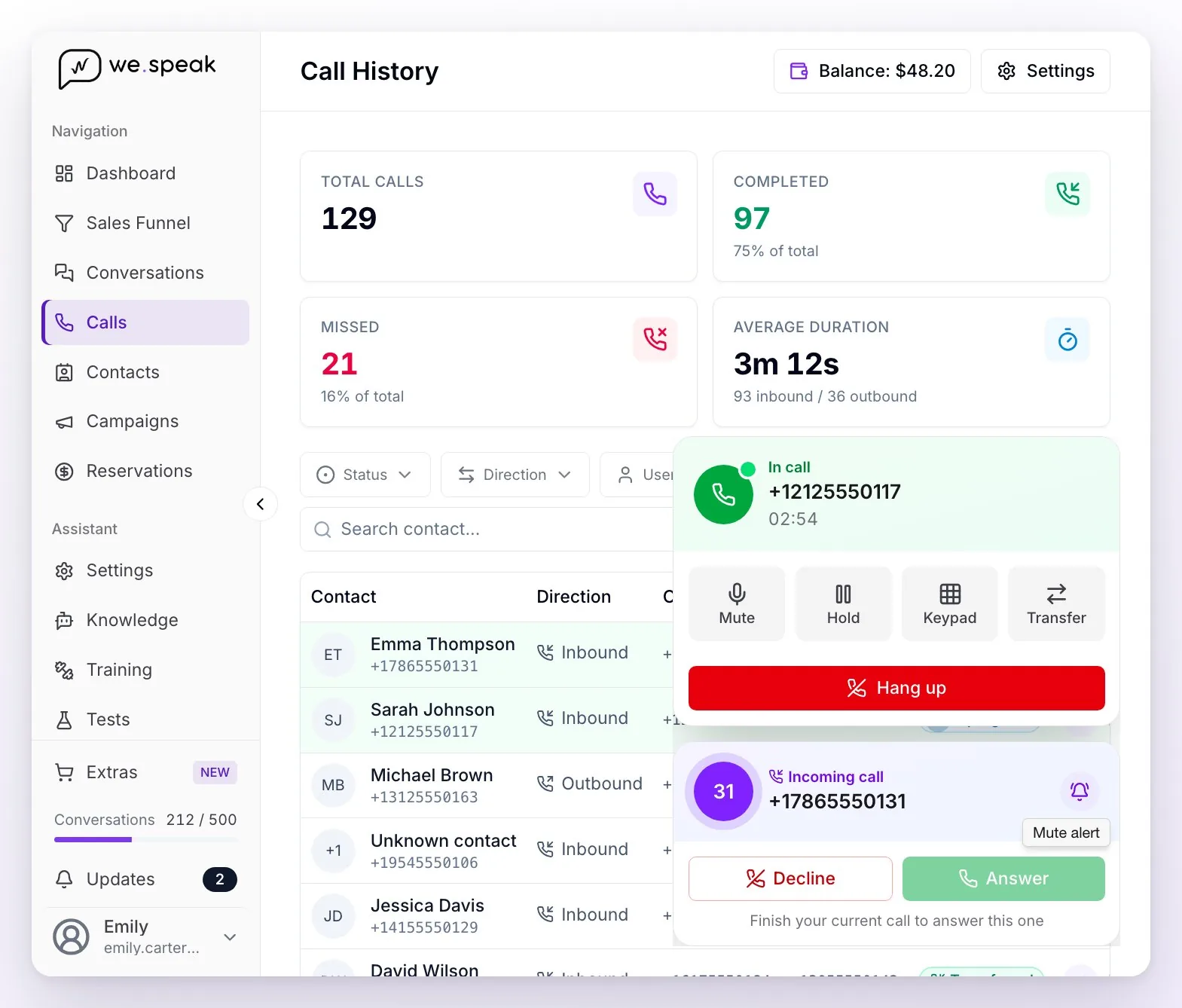 The softphone at the bottom right of the Calls section: a call in progress with its mute, hold, keypad, transfer and hang-up buttons, and below it a second incoming call with Answer disabled and the notice to finish the current call