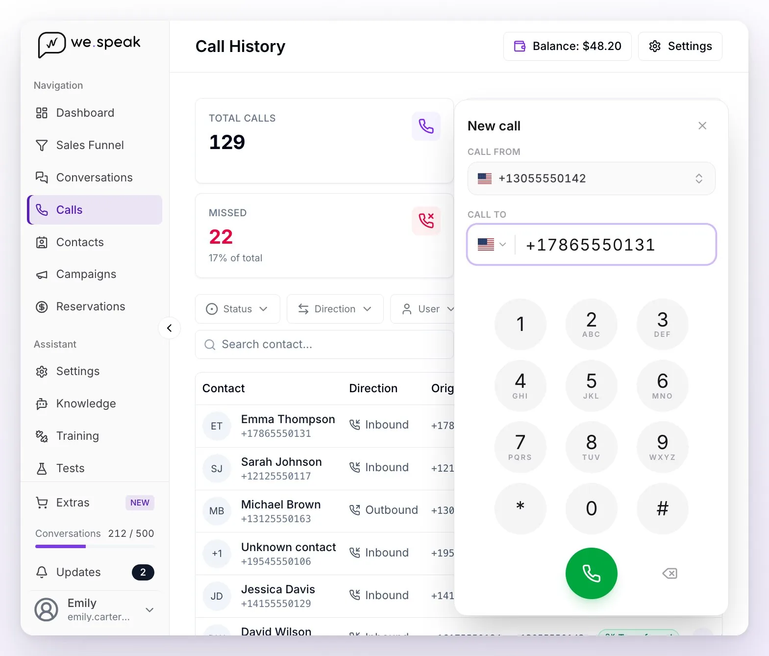 The New call dialer open in the Calls section: Call from with the hotel's number, the destination number with its flag, the keypad and the call button