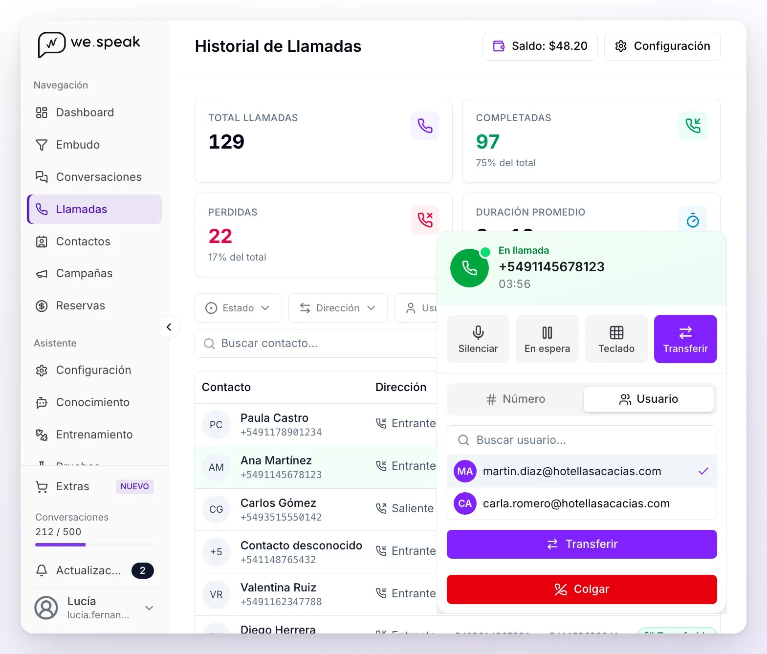 Una llamada en curso con Transferir abierto en la pestaña Usuario: el buscador, la lista de usuarios asignados al número con uno elegido y el botón Transferir
