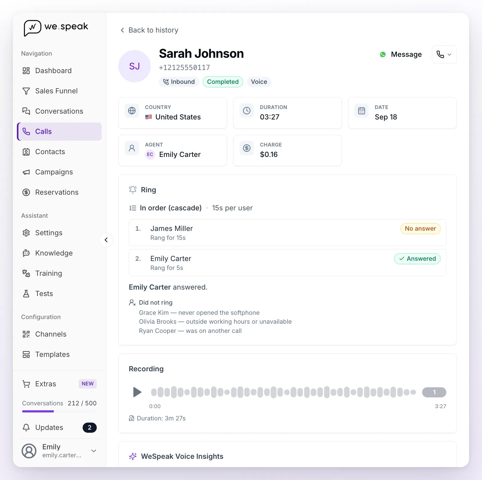 The detail of a completed incoming call: the Message and Call buttons, the country, duration, date, agent and charge cards, the Ring block with the order in which it rang and the recording player