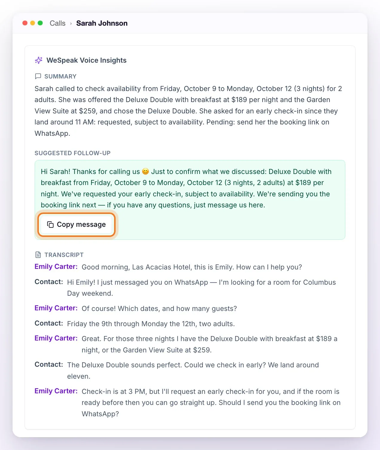 A call's WeSpeak Voice Insights block: the summary, the suggested follow-up message with the Copy message button and the transcript with the name of whoever answered and the contact