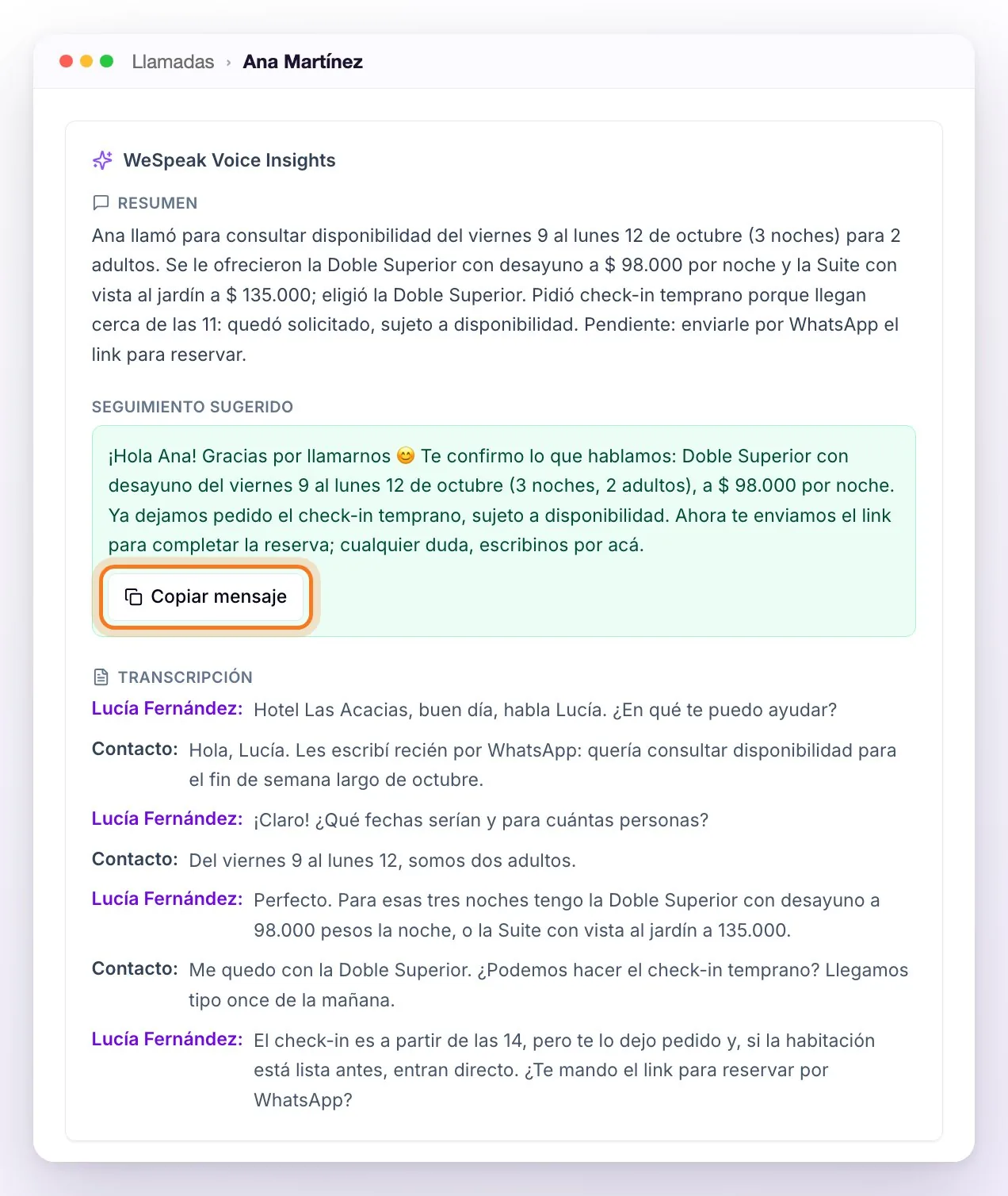 El bloque WeSpeak Voice Insights de una llamada: el resumen, el mensaje de seguimiento sugerido con el botón Copiar mensaje y la transcripción con el nombre de quien atendió y el del contacto