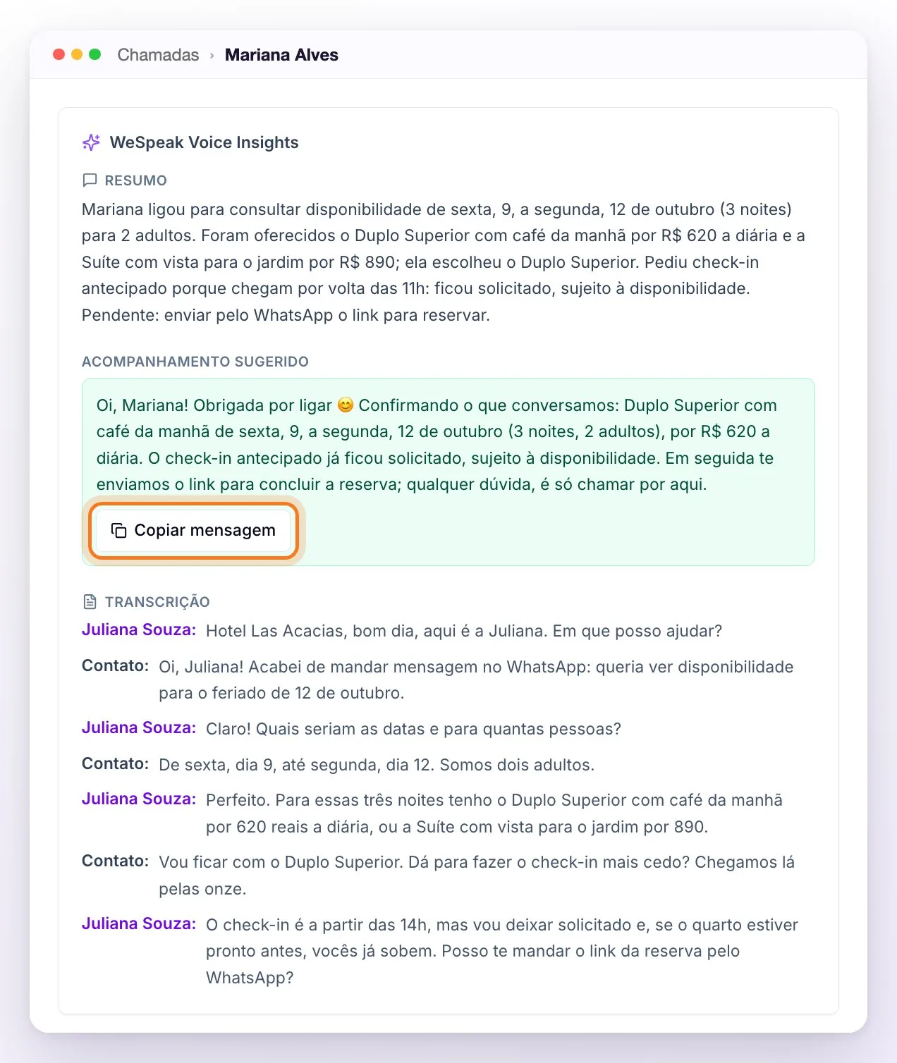O bloco WeSpeak Voice Insights de uma chamada: o resumo, a mensagem de acompanhamento sugerida com o botão Copiar mensagem e a transcrição com o nome de quem atendeu e o do contato