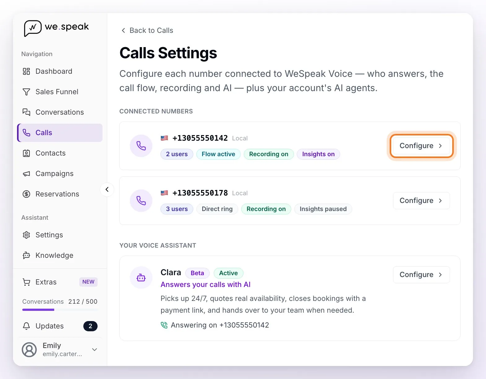 The Calls settings page: the connected numbers with their chips (users, flow, recording and Insights) and the Configure button highlighted, and the Your voice assistant section with the assistant's card