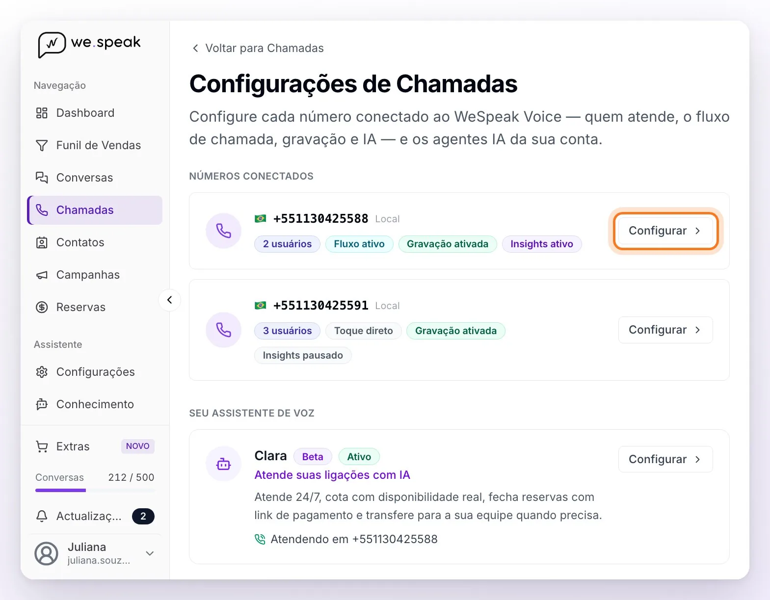 A página de configuração de Chamadas: os números conectados com seus chips (usuários, fluxo, gravação e Insights) e o botão Configurar destacado, e a seção Seu assistente de voz com o cartão do assistente